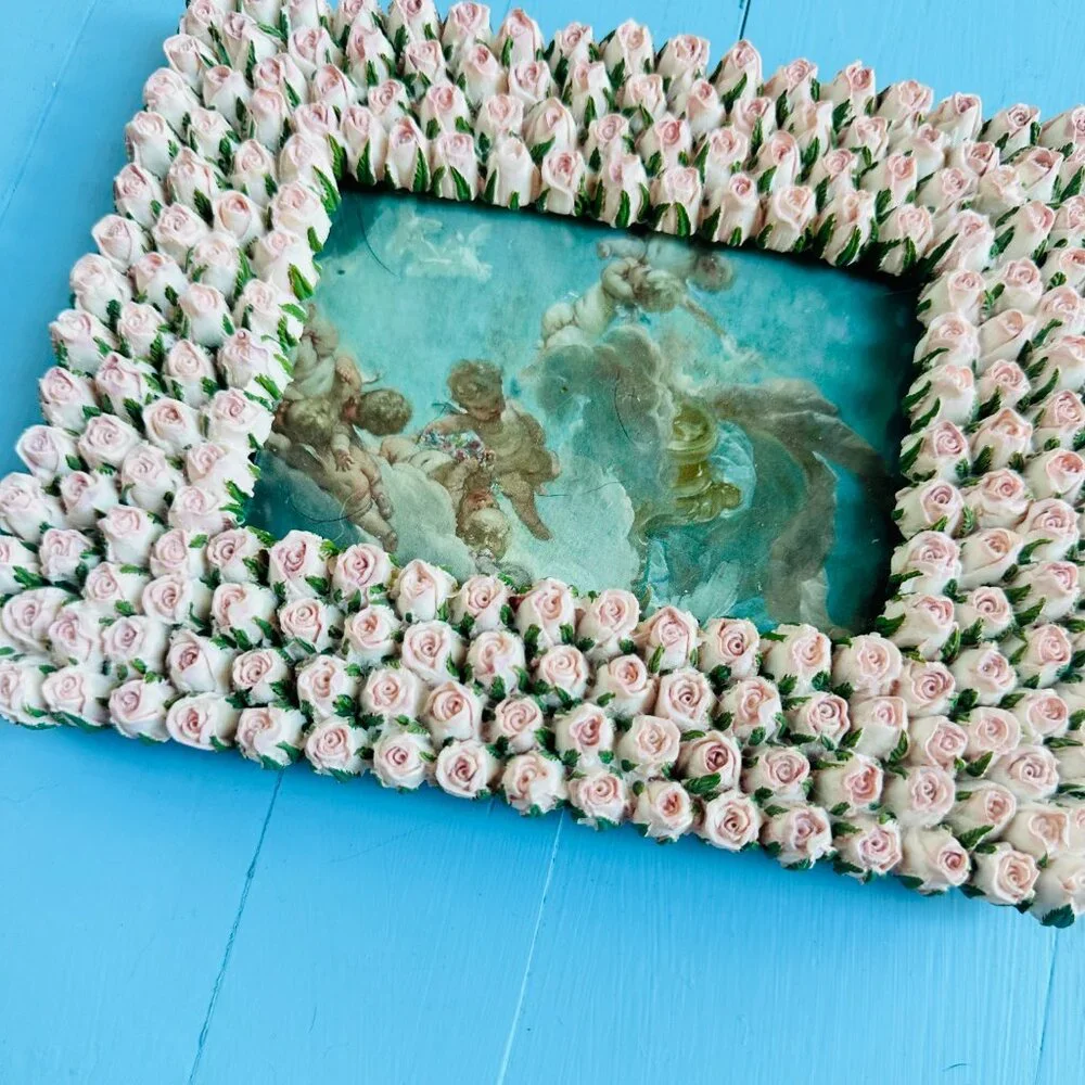 Vintage Pink Rosebud Porcelain Picture Frame Romantic Cottagecore Victorian